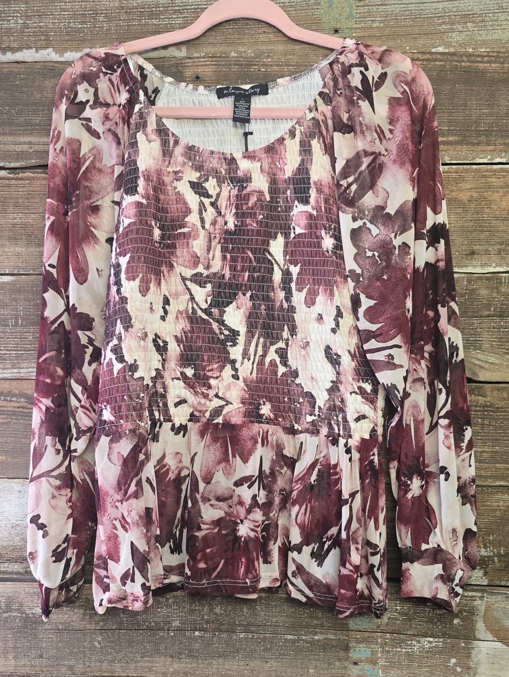 A Love Story Floral Smocked Peplum Blouse - Pink, Size L, NWT